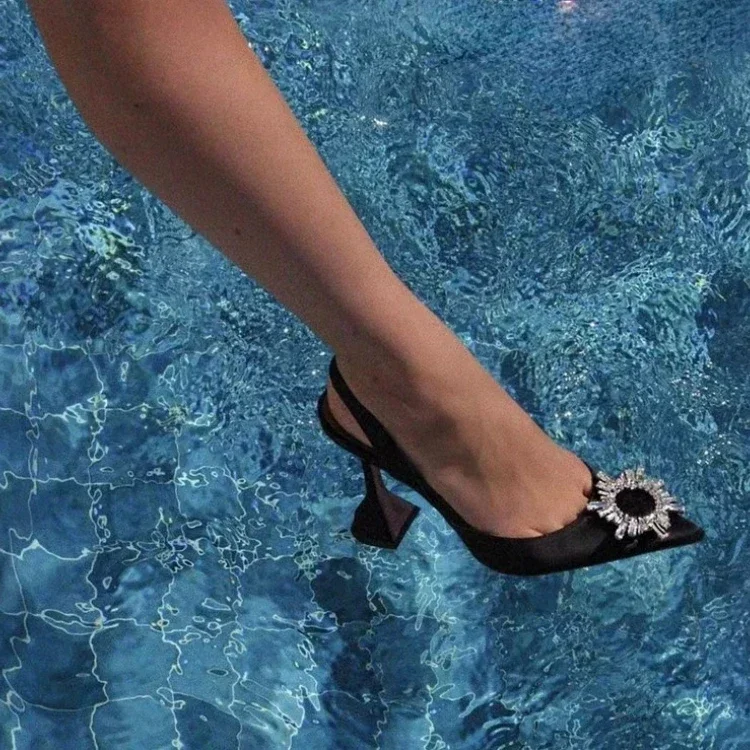 2024 New Silk Sunflower Crystal Diamond Buckle High Heels Horseshoe and Women's Sandals