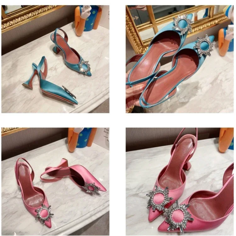 2024 New Silk Sunflower Crystal Diamond Buckle High Heels Horseshoe and Women's Sandals