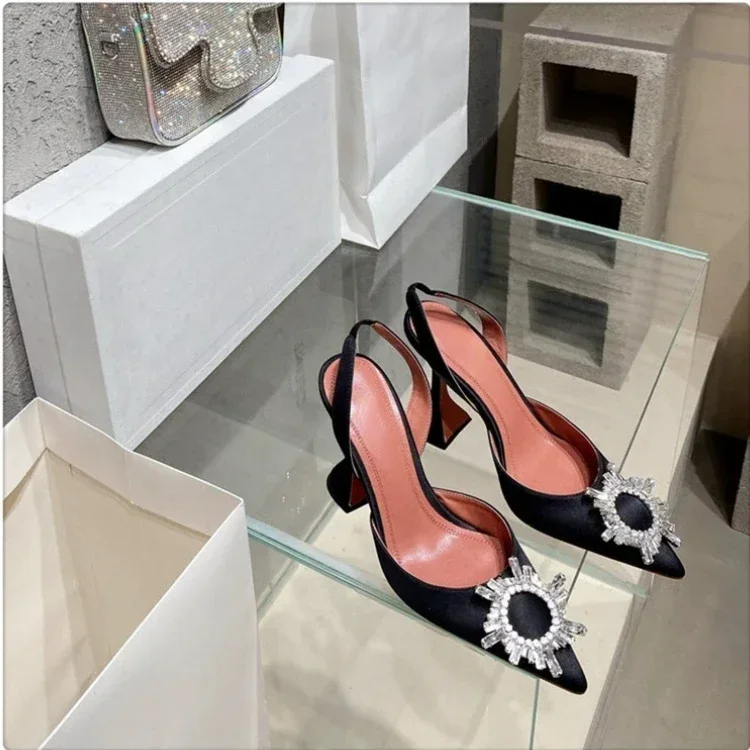 2024 New Silk Sunflower Crystal Diamond Buckle High Heels Horseshoe and Women's Sandals