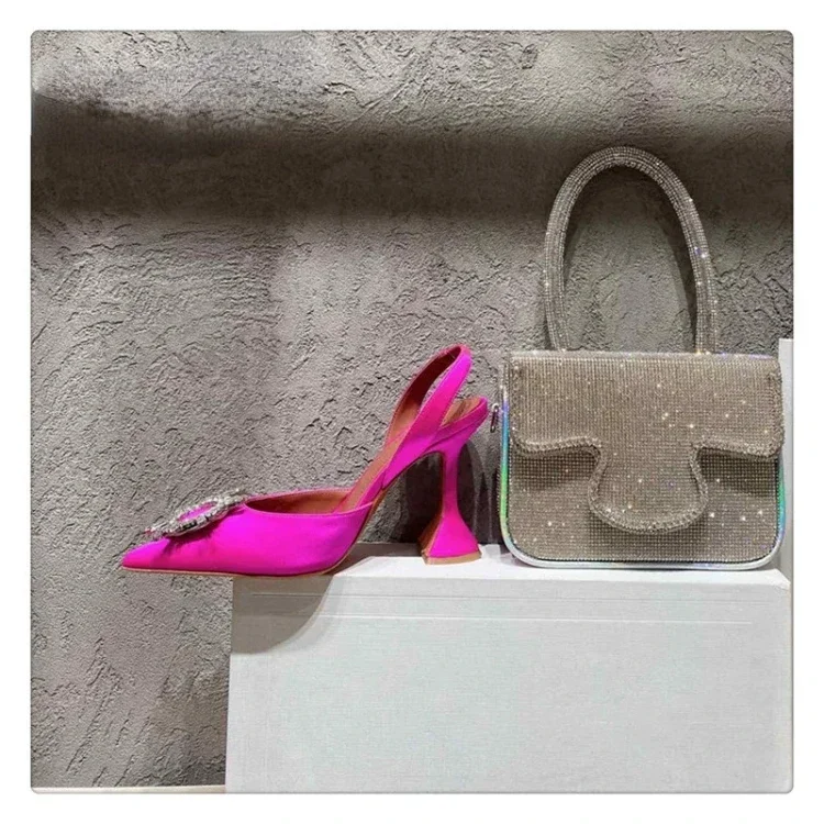 2024 New Silk Sunflower Crystal Diamond Buckle High Heels Horseshoe and Women's Sandals