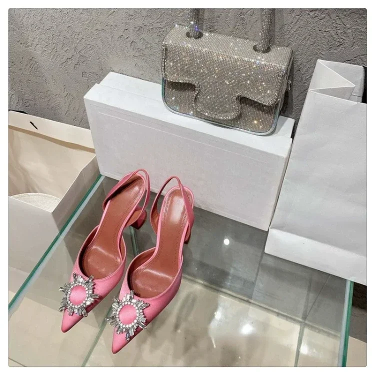 2024 New Silk Sunflower Crystal Diamond Buckle High Heels Horseshoe and Women's Sandals