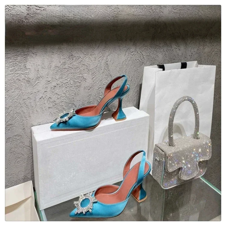 2024 New Silk Sunflower Crystal Diamond Buckle High Heels Horseshoe and Women's Sandals