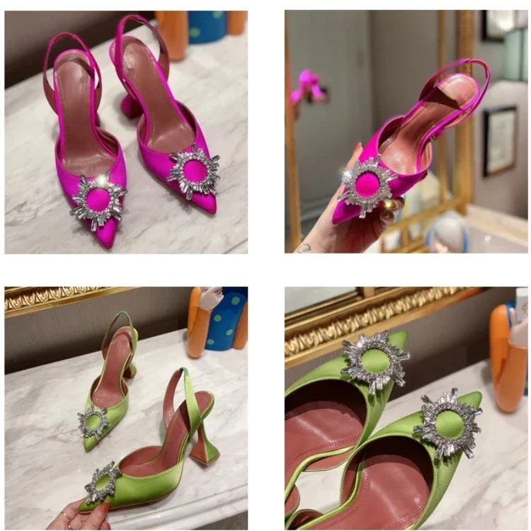2024 New Silk Sunflower Crystal Diamond Buckle High Heels Horseshoe and Women's Sandals