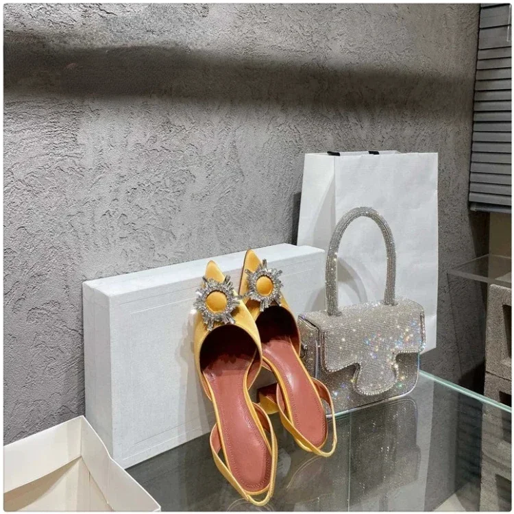 2024 New Silk Sunflower Crystal Diamond Buckle High Heels Horseshoe and Women's Sandals