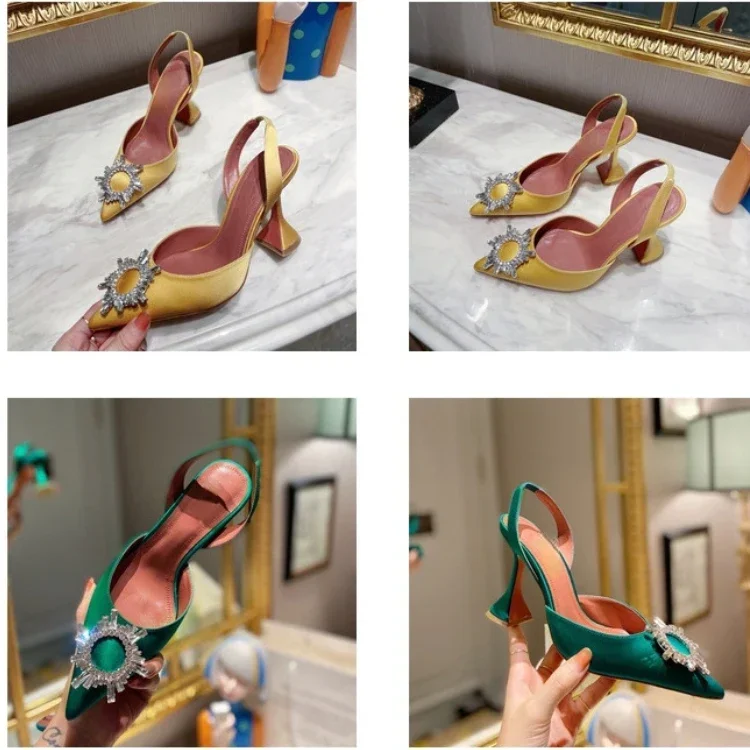 2024 New Silk Sunflower Crystal Diamond Buckle High Heels Horseshoe and Women's Sandals