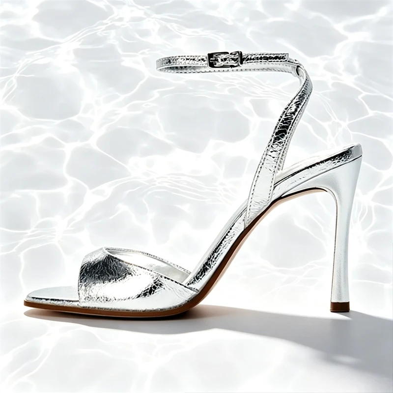 Silver Patent Leather Ankle Buckle Heeled Sandals Women Elegant Square Toe Open Toe High Heels Summer Sexy Party Dress Shoes