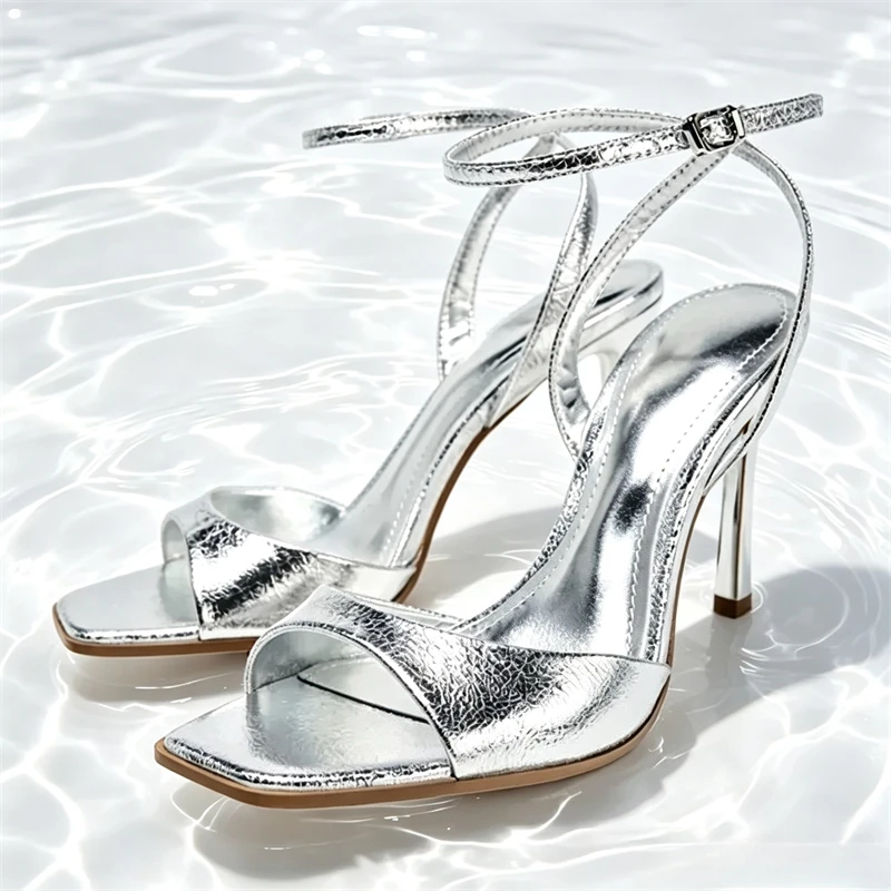 Silver Patent Leather Ankle Buckle Heeled Sandals Women Elegant Square Toe Open Toe High Heels Summer Sexy Party Dress Shoes