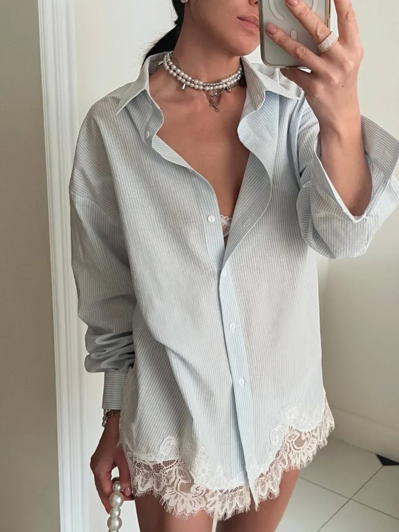 Women's Striped 2-Piece Set Oversized Long Sleeve Shirt + Lace Trim Wrap Skirt Casual Chic Co-ord Outfit for Spring Summer