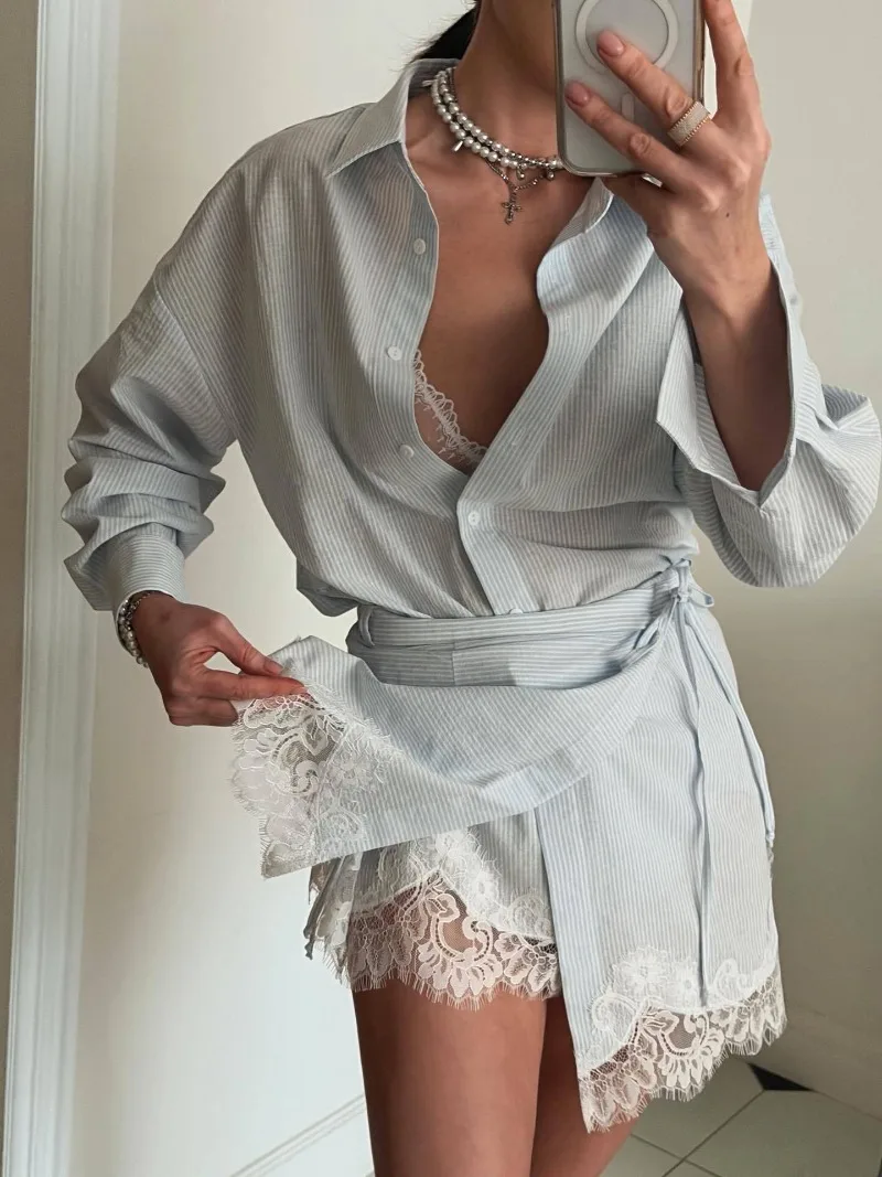 Women's Striped 2-Piece Set Oversized Long Sleeve Shirt + Lace Trim Wrap Skirt Casual Chic Co-ord Outfit for Spring Summer