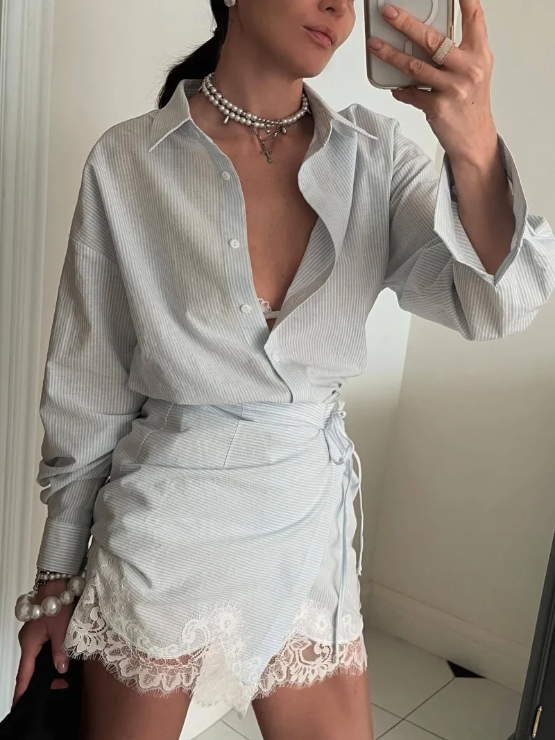 Women's Striped 2-Piece Set Oversized Long Sleeve Shirt + Lace Trim Wrap Skirt Casual Chic Co-ord Outfit for Spring Summer