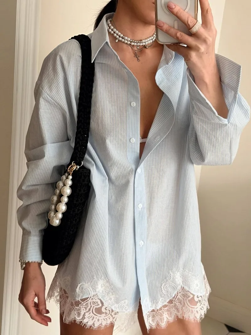 Women's Striped 2-Piece Set Oversized Long Sleeve Shirt + Lace Trim Wrap Skirt Casual Chic Co-ord Outfit for Spring Summer
