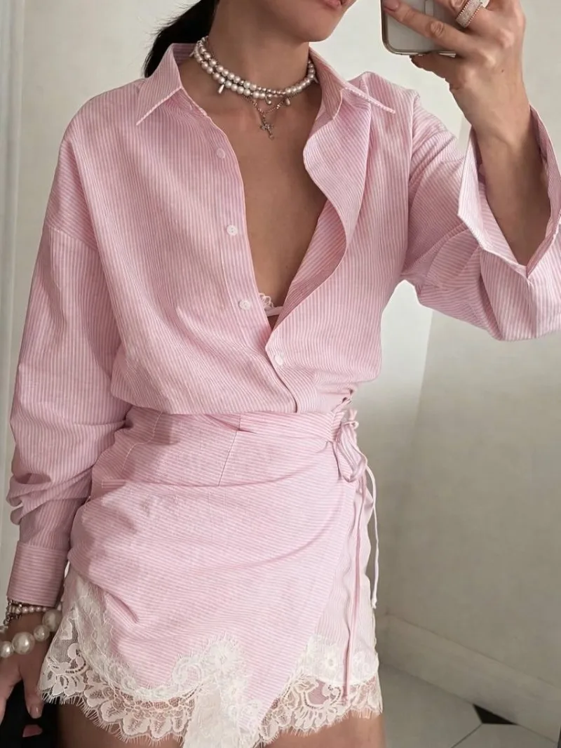 Women's Striped 2-Piece Set Oversized Long Sleeve Shirt + Lace Trim Wrap Skirt Casual Chic Co-ord Outfit for Spring Summer