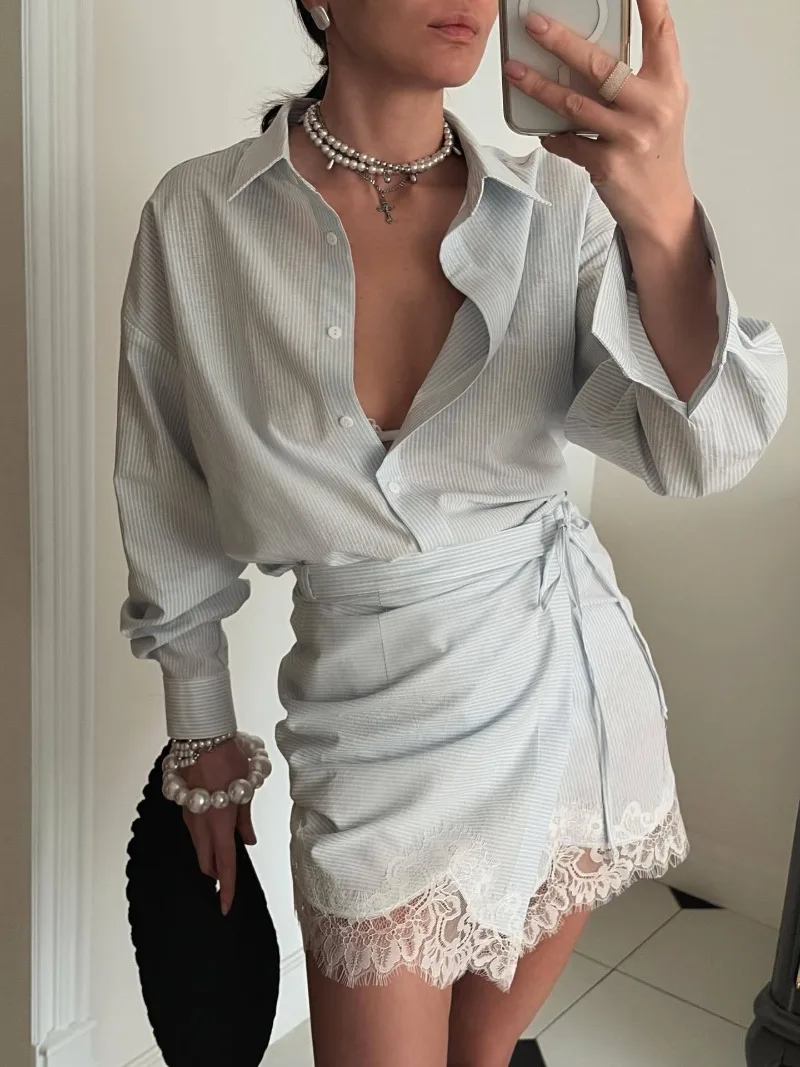 Women's Striped 2-Piece Set Oversized Long Sleeve Shirt + Lace Trim Wrap Skirt Casual Chic Co-ord Outfit for Spring Summer