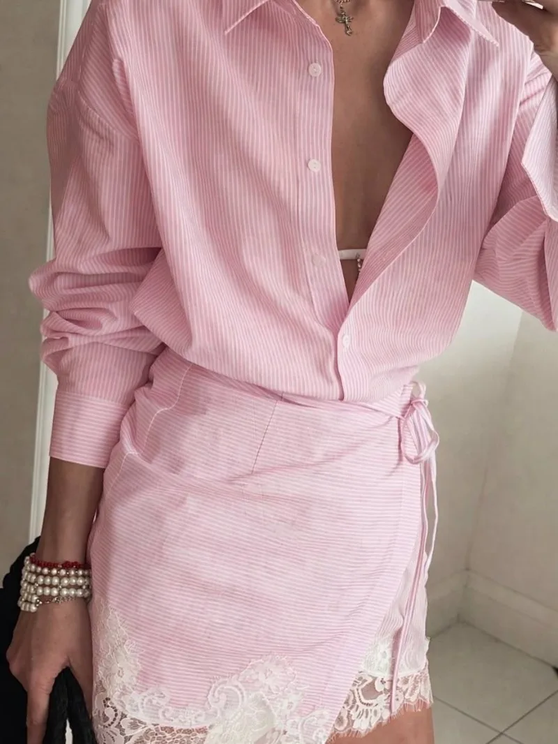 Women's Striped 2-Piece Set Oversized Long Sleeve Shirt + Lace Trim Wrap Skirt Casual Chic Co-ord Outfit for Spring Summer