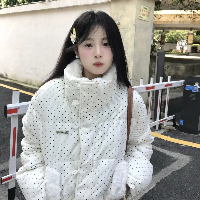 Women's Kawaii Polka Dot Down Cotton Jacket Korean Button Patchwork Corduroy Short Parkas Y2K Stand Collar Puffer Warm Jacket