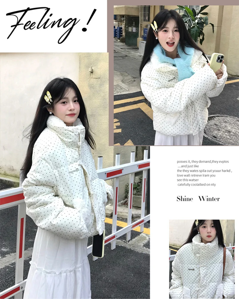 Women's Kawaii Polka Dot Down Cotton Jacket Korean Button Patchwork Corduroy Short Parkas Y2K Stand Collar Puffer Warm Jacket