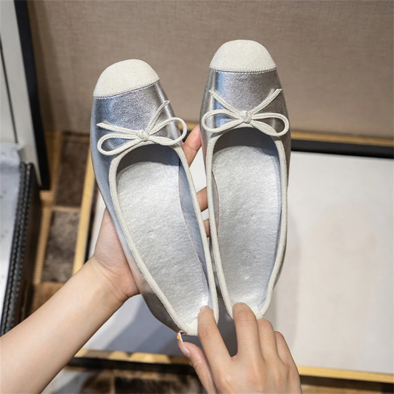 Breathable Silk Ballerinas Ballet Flats Women Summer Autumn Slip On Loafers Square Toe Bowknot Flat Casual Shoes