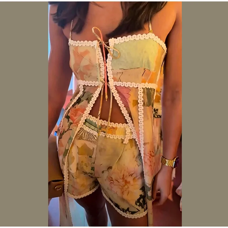 Printed Women's Two Piece Set Camisole Cardigan Top High Waist Lace Trim Shorts Stylish Two Piece Outfit Daily Fashion Wear 2026