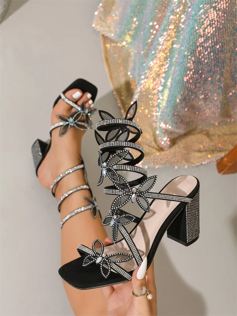 Liyke Fashion Crystal Butterfly Ankle Snake Twine Around Strap Sandals Women Wedding Party Prom Shoes Rhinestone High Heels Pink