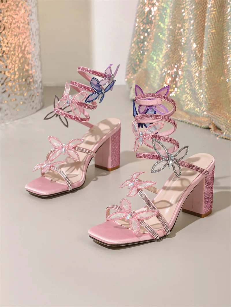 Liyke Fashion Crystal Butterfly Ankle Snake Twine Around Strap Sandals Women Wedding Party Prom Shoes Rhinestone High Heels Pink