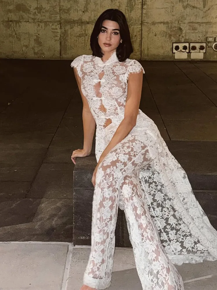 White Lace Embroidery Pant Suit Women Stand Neck Sleeveless Hollow-out Waist Cinching See Through Set Lady Summer Sheer Outfit