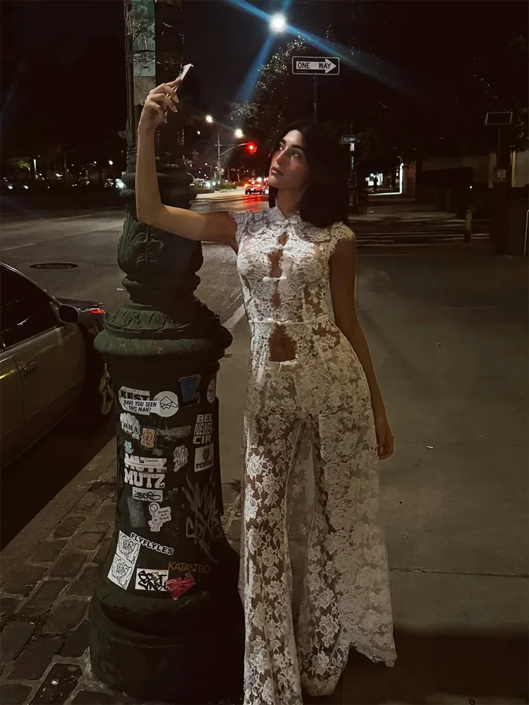 White Lace Embroidery Pant Suit Women Stand Neck Sleeveless Hollow-out Waist Cinching See Through Set Lady Summer Sheer Outfit