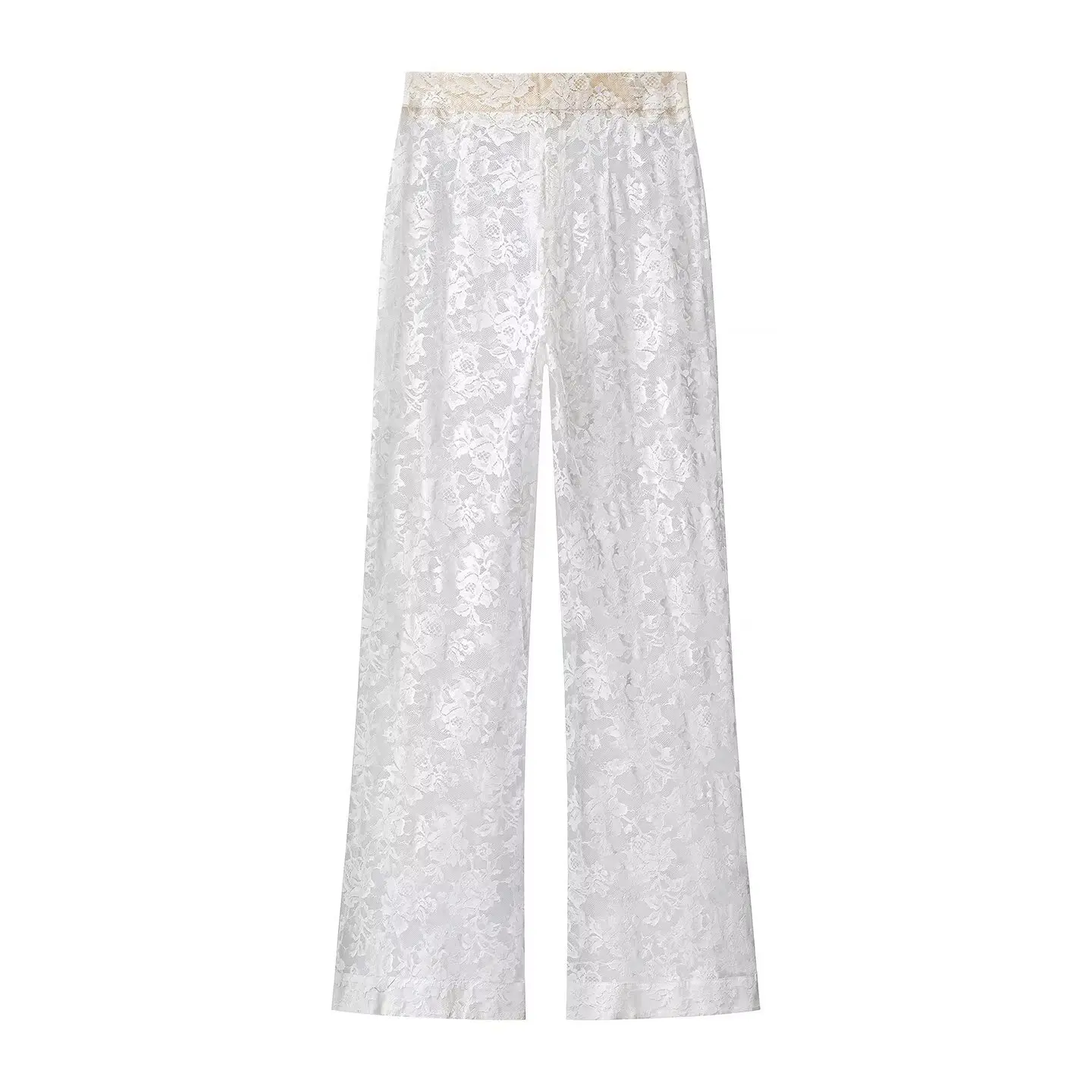 White Lace Embroidery Pant Suit Women Stand Neck Sleeveless Hollow-out Waist Cinching See Through Set Lady Summer Sheer Outfit