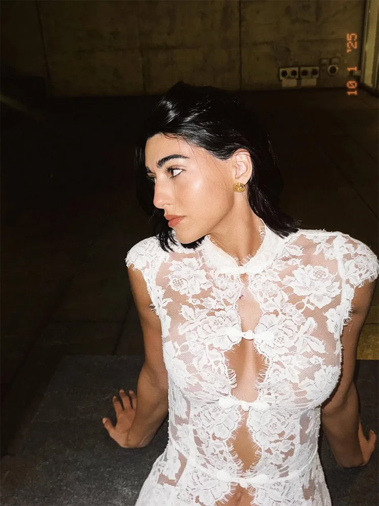 White Lace Embroidery Pant Suit Women Stand Neck Sleeveless Hollow-out Waist Cinching See Through Set Lady Summer Sheer Outfit