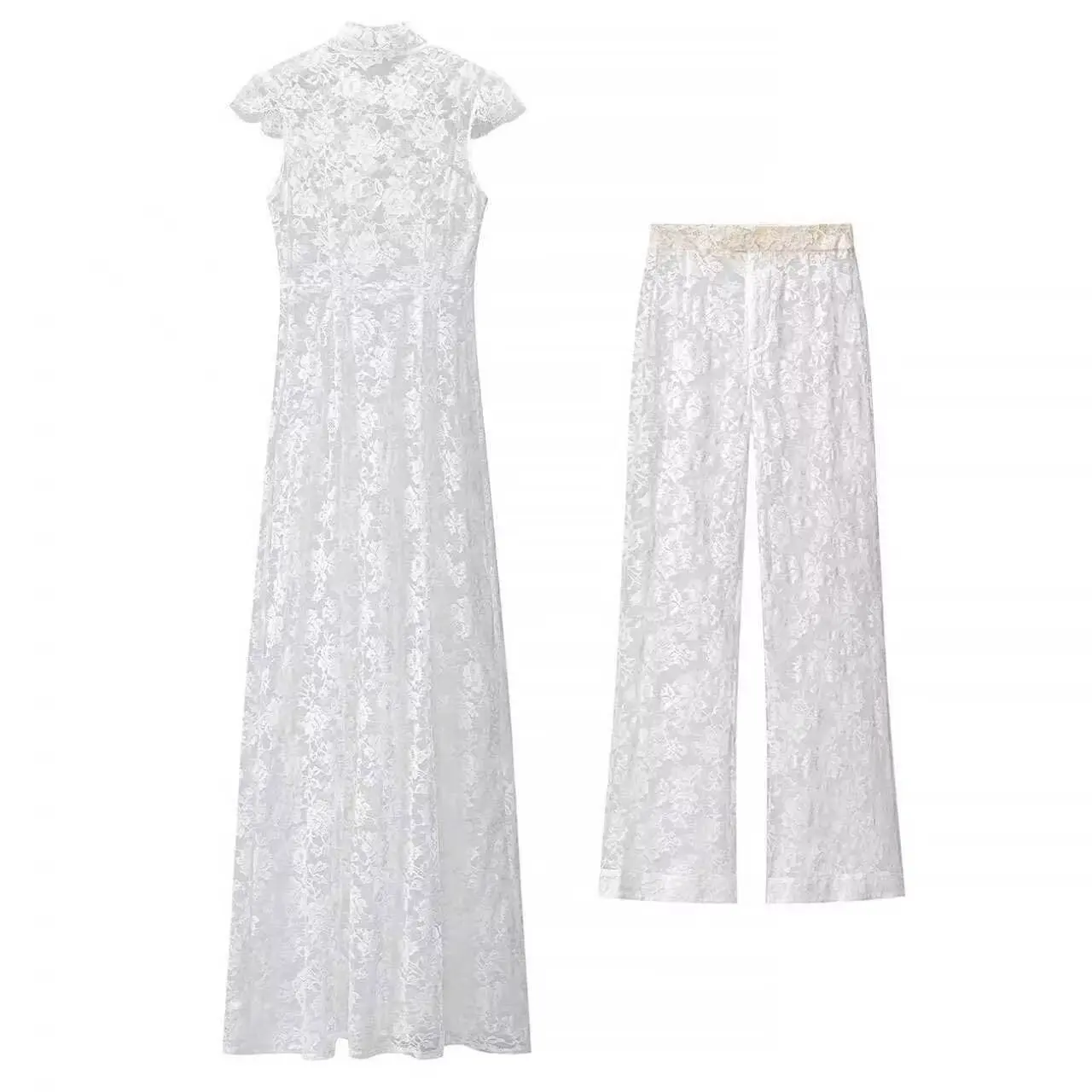 White Lace Embroidery Pant Suit Women Stand Neck Sleeveless Hollow-out Waist Cinching See Through Set Lady Summer Sheer Outfit