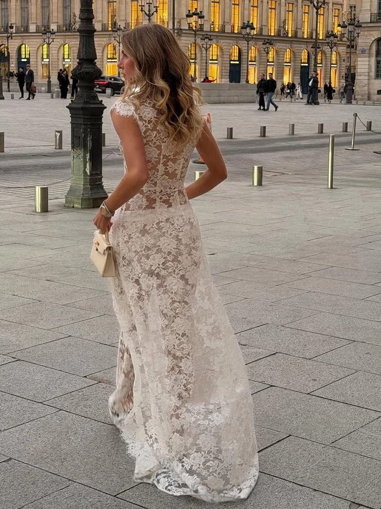 White Lace Embroidery Pant Suit Women Stand Neck Sleeveless Hollow-out Waist Cinching See Through Set Lady Summer Sheer Outfit