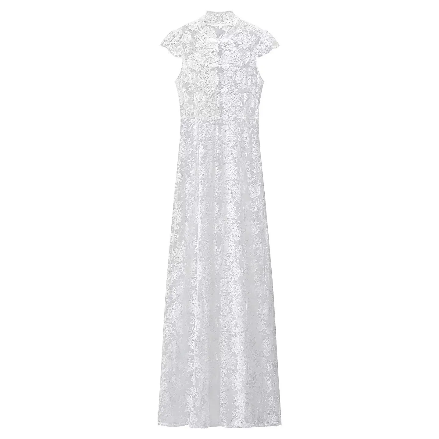 White Lace Embroidery Pant Suit Women Stand Neck Sleeveless Hollow-out Waist Cinching See Through Set Lady Summer Sheer Outfit