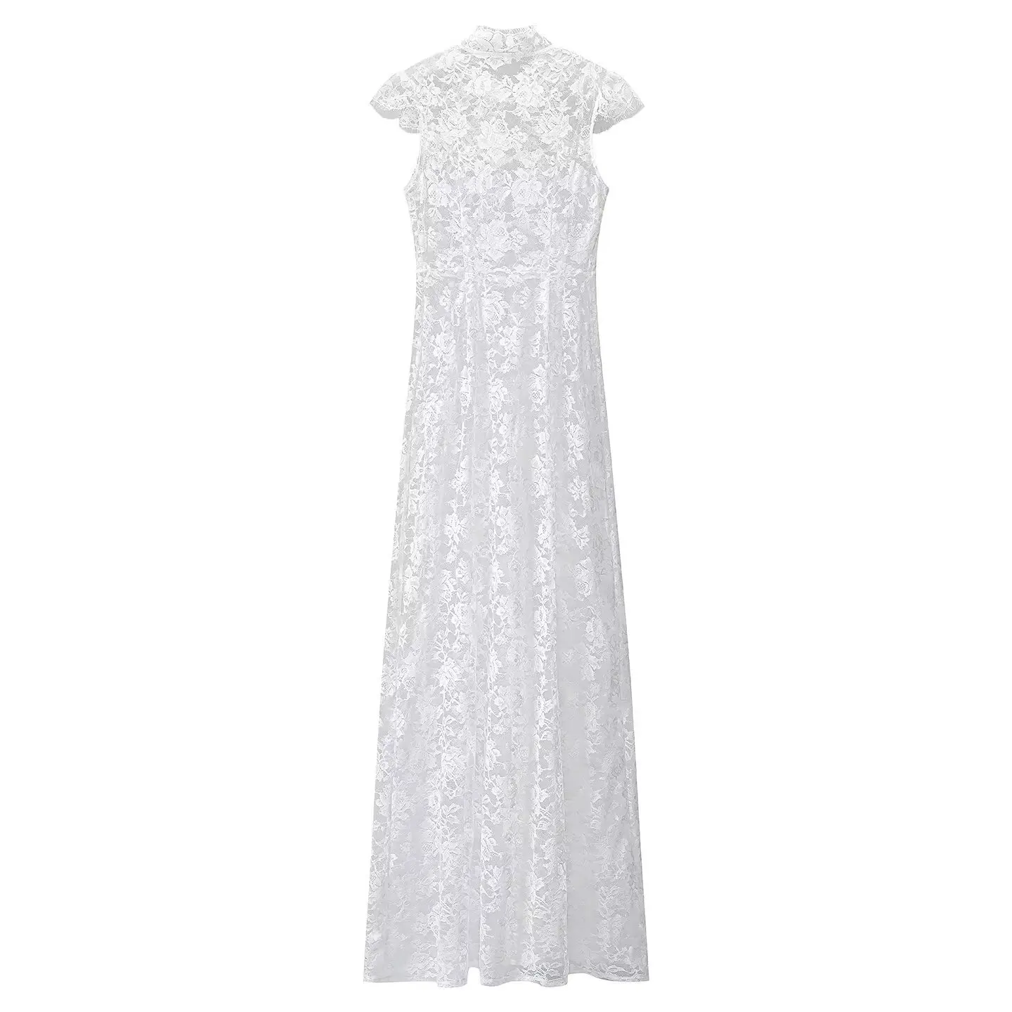 White Lace Embroidery Pant Suit Women Stand Neck Sleeveless Hollow-out Waist Cinching See Through Set Lady Summer Sheer Outfit