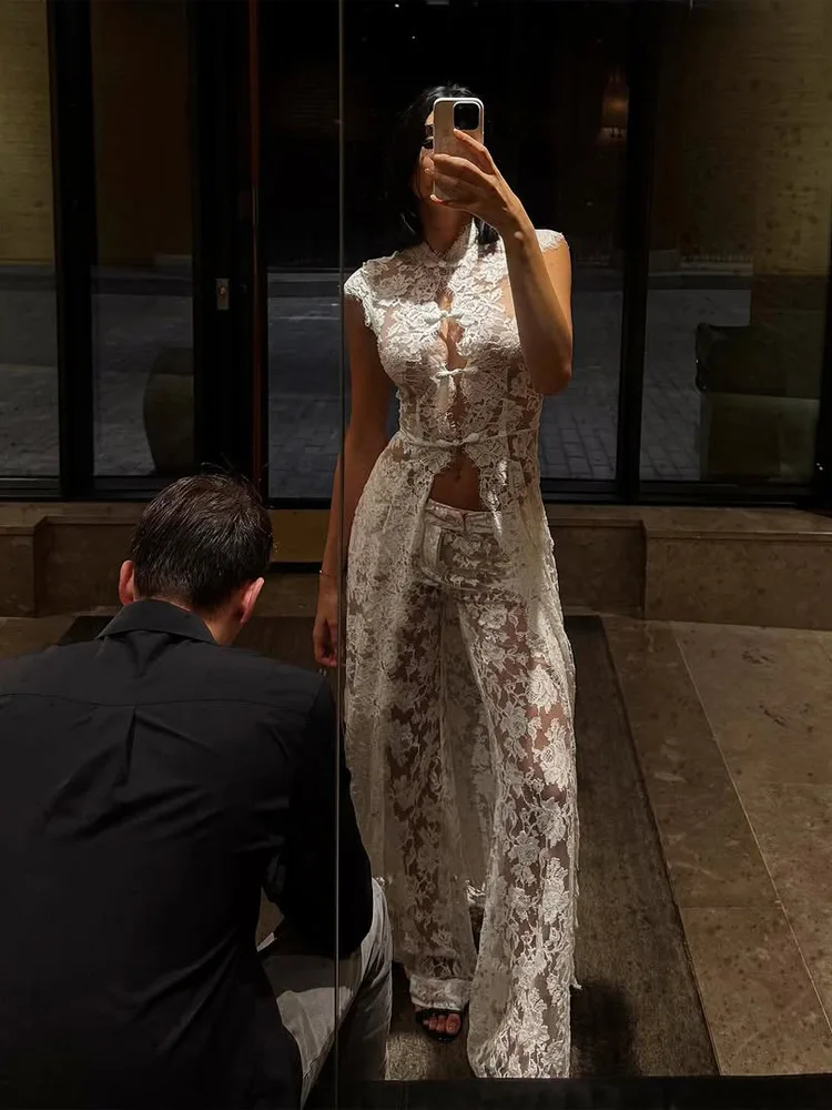 White Lace Embroidery Pant Suit Women Stand Neck Sleeveless Hollow-out Waist Cinching See Through Set Lady Summer Sheer Outfit