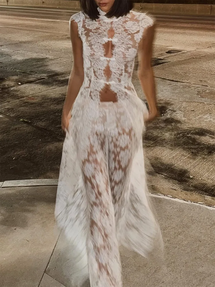White Lace Embroidery Pant Suit Women Stand Neck Sleeveless Hollow-out Waist Cinching See Through Set Lady Summer Sheer Outfit