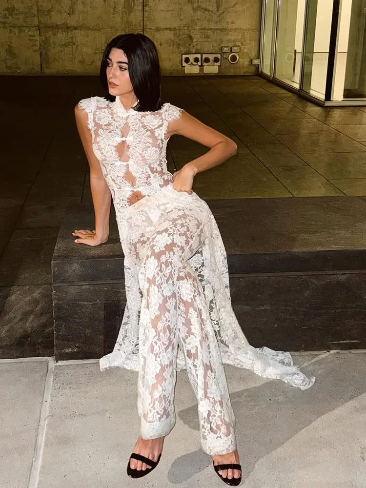 White Lace Embroidery Pant Suit Women Stand Neck Sleeveless Hollow-out Waist Cinching See Through Set Lady Summer Sheer Outfit