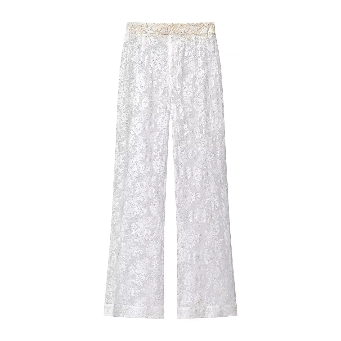 White Lace Embroidery Pant Suit Women Stand Neck Sleeveless Hollow-out Waist Cinching See Through Set Lady Summer Sheer Outfit