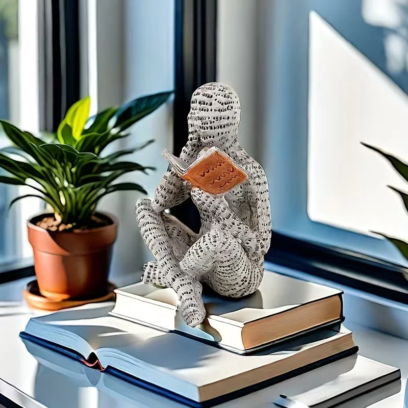 One Abstract Letter-Shaped Male Reading Figurine Statue - A Unique 'Reader' Sculpture, a Reading Figurine for Home Decoration