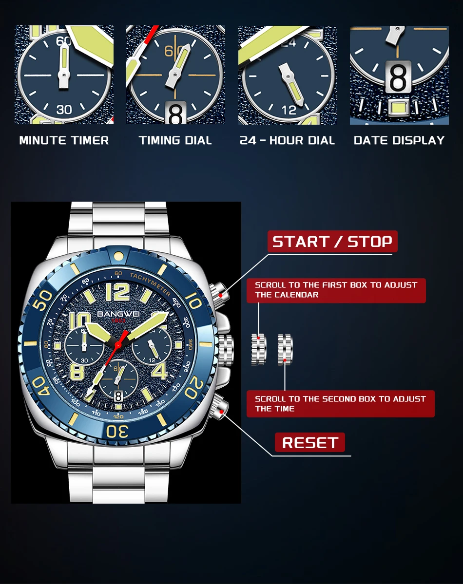 LIGE Brand BANGWEI Quartz Man Watch Digital Dial Fashion Business Luxury Auto Date Waterproof Luminous Stainless Casual Watches