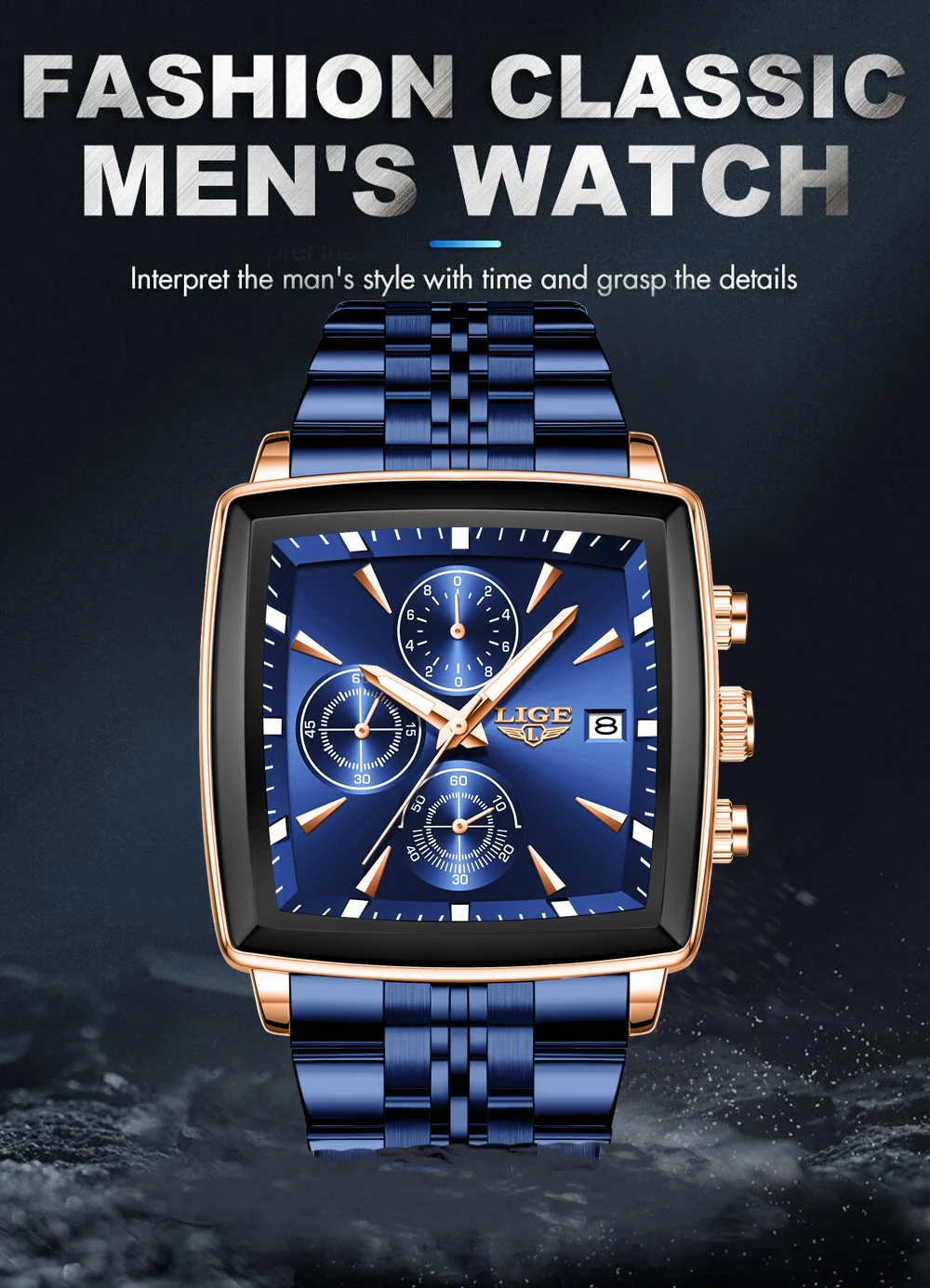 LIGE Top Brand Luxury Mens Watches Fashion Military Square Chronograph Quartz Wristwatches For Men Sports Waterproof Watch Men