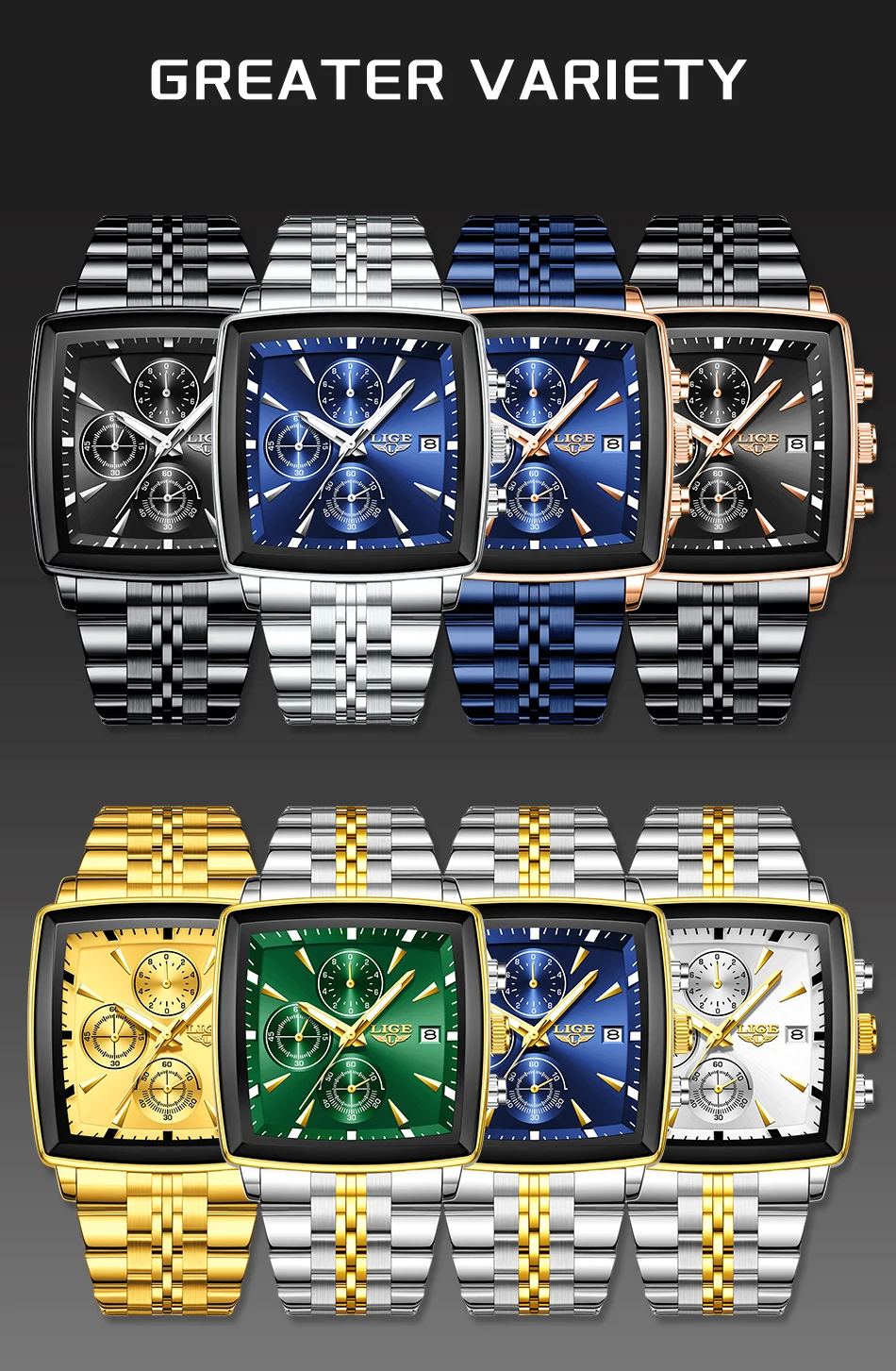 LIGE Top Brand Luxury Mens Watches Fashion Military Square Chronograph Quartz Wristwatches For Men Sports Waterproof Watch Men