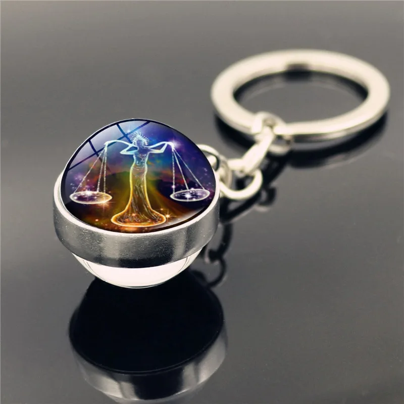 Glowing 12 Constellation Keychain Luminous Glass Ball Pendant Zodiac Key Rings Jewelry Birthday Gift Scorpio Leo Libra Keyrings