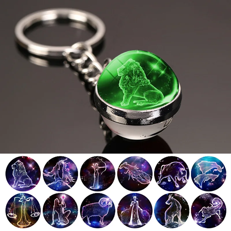 Glowing 12 Constellation Keychain Luminous Glass Ball Pendant Zodiac Key Rings Jewelry Birthday Gift Scorpio Leo Libra Keyrings