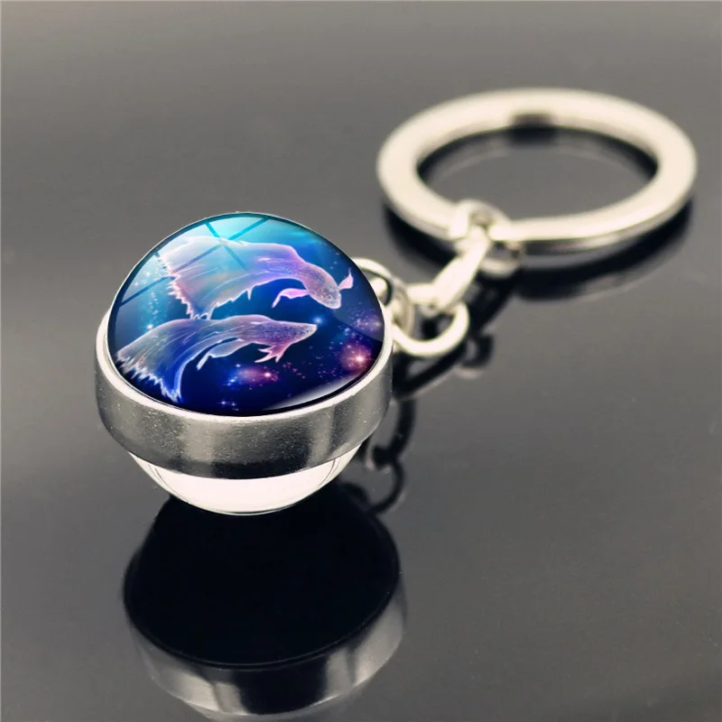 Glowing 12 Constellation Keychain Luminous Glass Ball Pendant Zodiac Key Rings Jewelry Birthday Gift Scorpio Leo Libra Keyrings