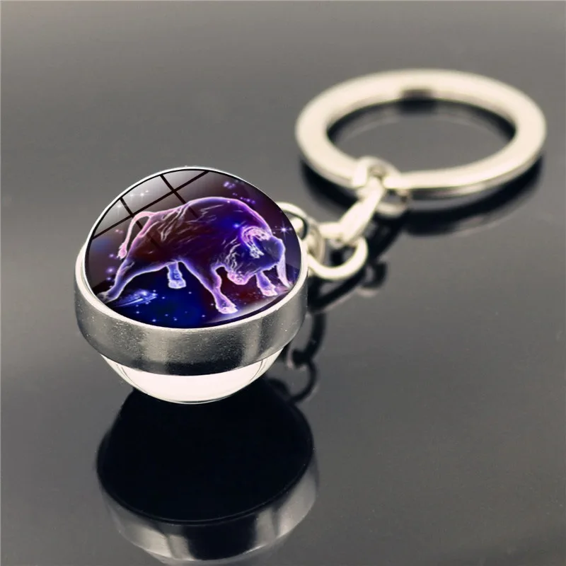 Glowing 12 Constellation Keychain Luminous Glass Ball Pendant Zodiac Key Rings Jewelry Birthday Gift Scorpio Leo Libra Keyrings