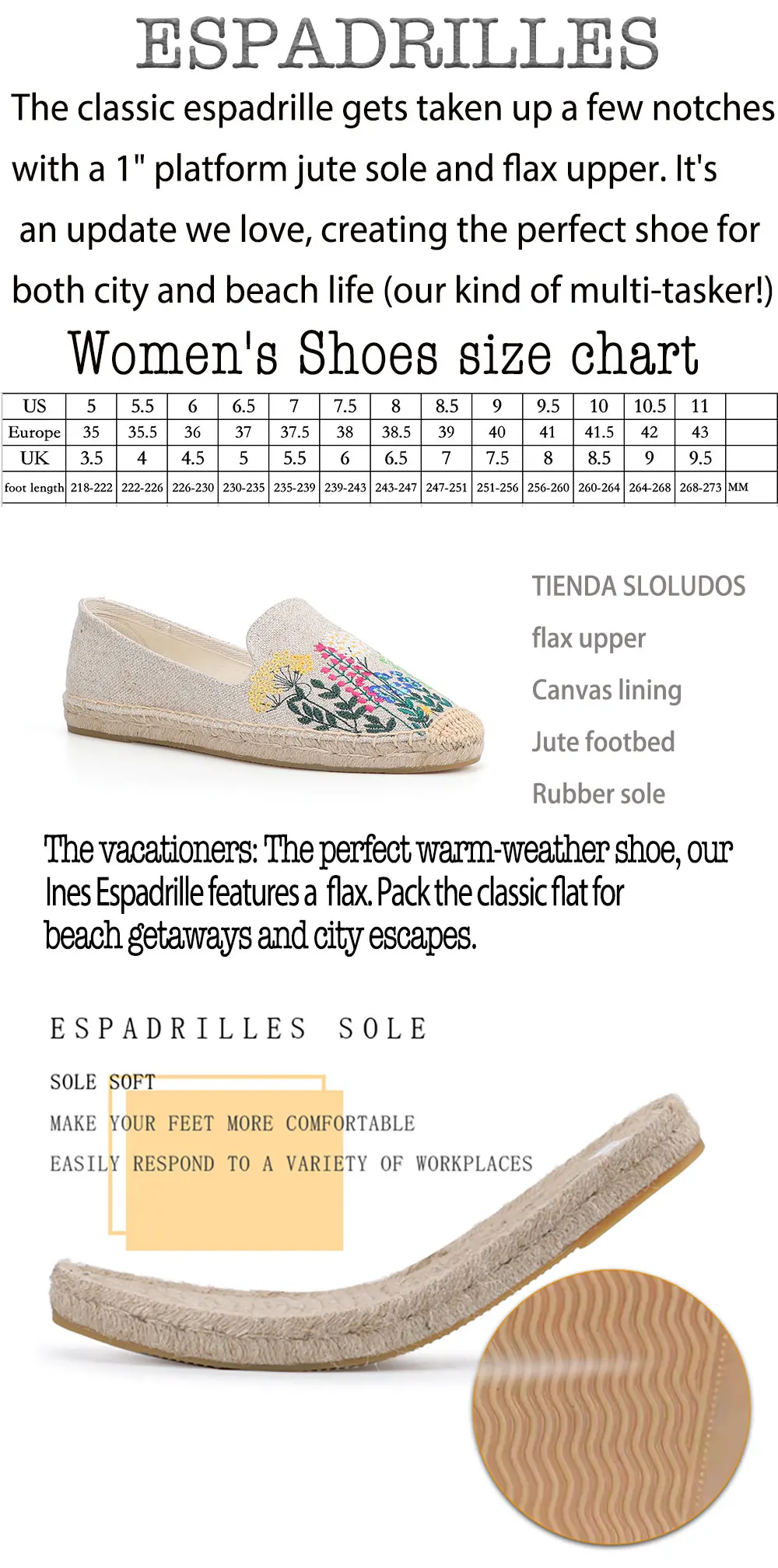 Espadrilles Women's Casual Flats Shoes with Embroidered Hemp Flat Platform, Round Toe Spring/Autumn Comfortable