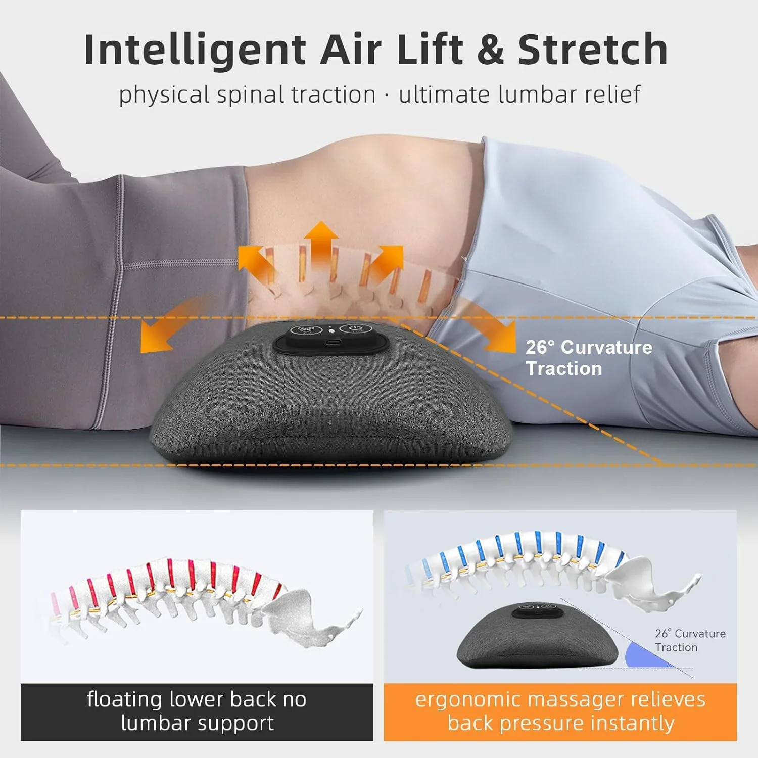 3 in 1 Electric Lumbar Support Pillow with Heat, Vibration, Traction - Adjustable Smooth Spine Back Massager for Lower Back Pain