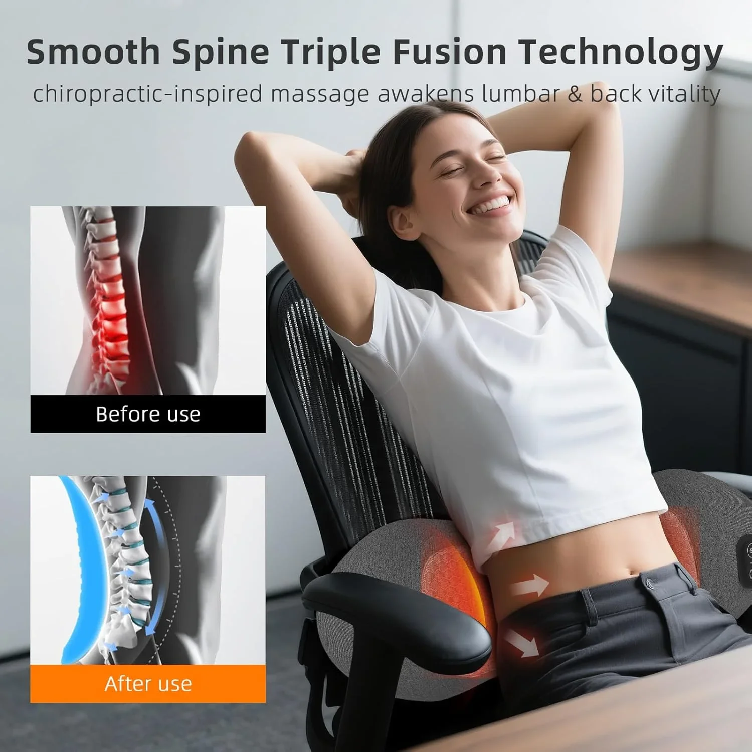 3 in 1 Electric Lumbar Support Pillow with Heat, Vibration, Traction - Adjustable Smooth Spine Back Massager for Lower Back Pain