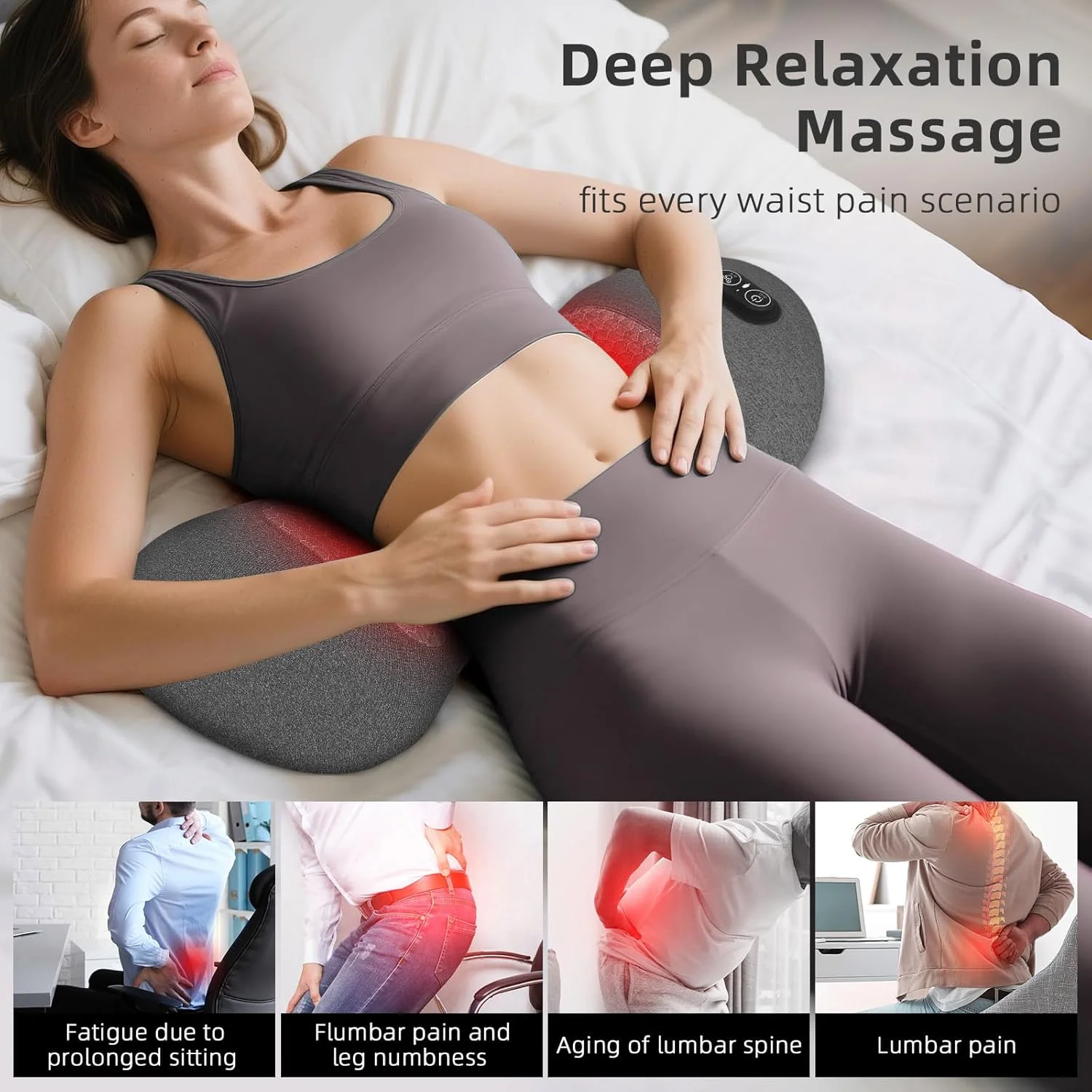 3 in 1 Electric Lumbar Support Pillow with Heat, Vibration, Traction - Adjustable Smooth Spine Back Massager for Lower Back Pain