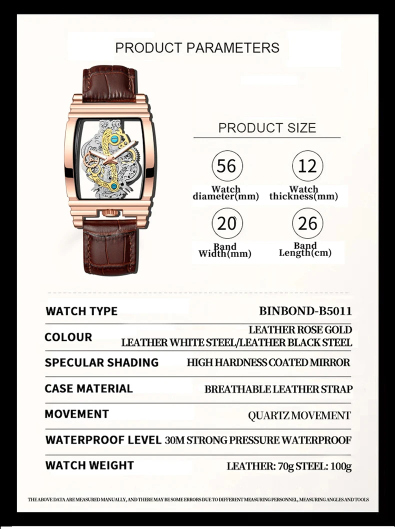 BINBOND Luxury Quartz Wristwatches For Men Luminous Waterproof Hollow-Out Men's Watch Business Sport Fashion Casual Reloj