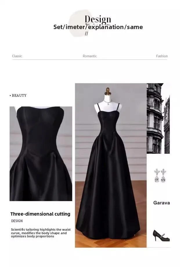 French Strapping Dress Tiktok 2026new French Black Suspender Slim Dress Student Art Examination Banquet High Waist Evening Dress